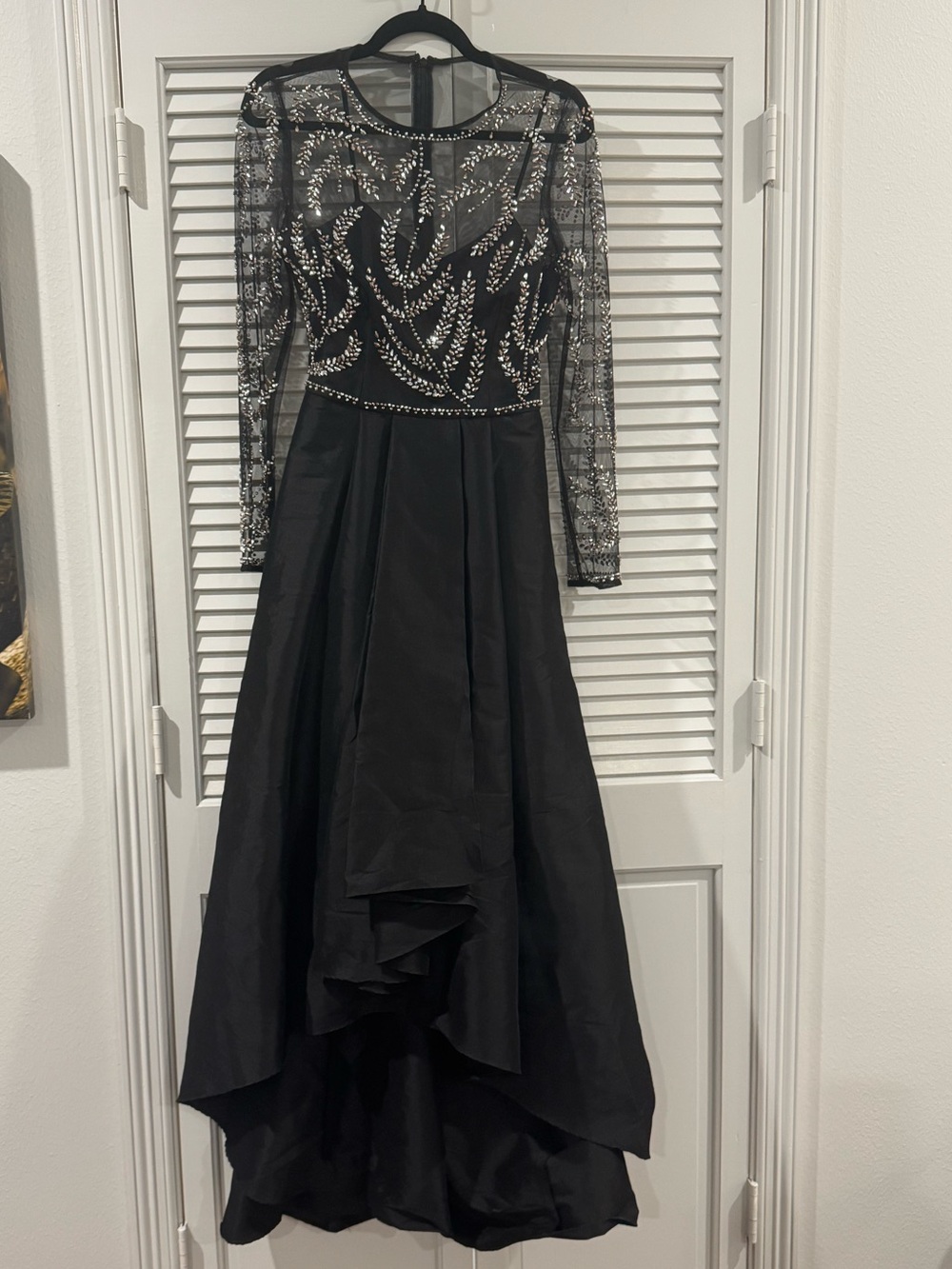 Black High-Low Evening Dress with Crystal Embellished Sheer Bodice
